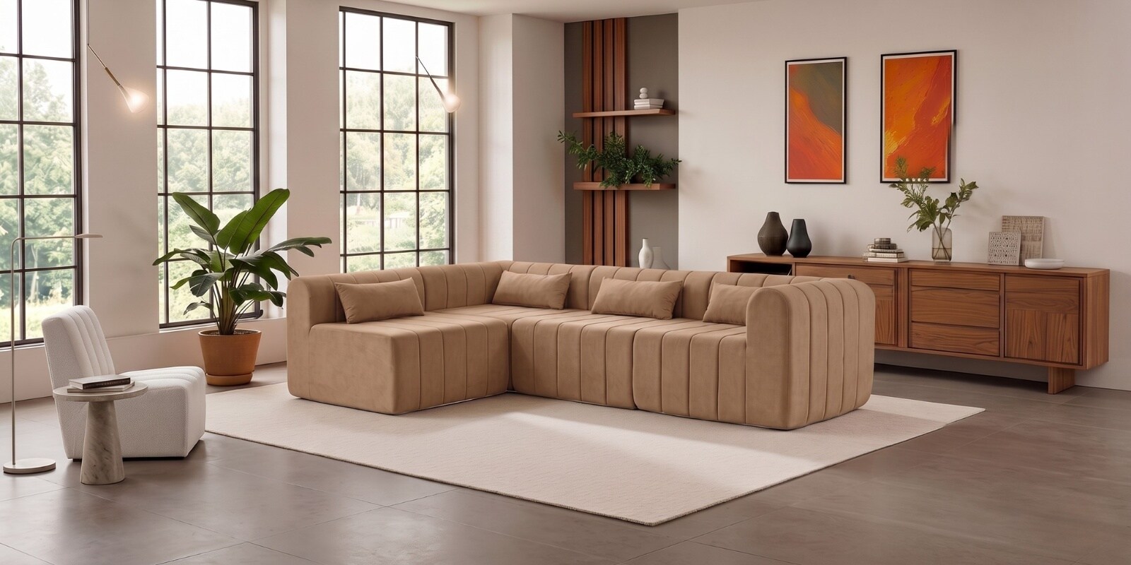 Milan Royale Corner Sectional Sofa In Light Brown Color