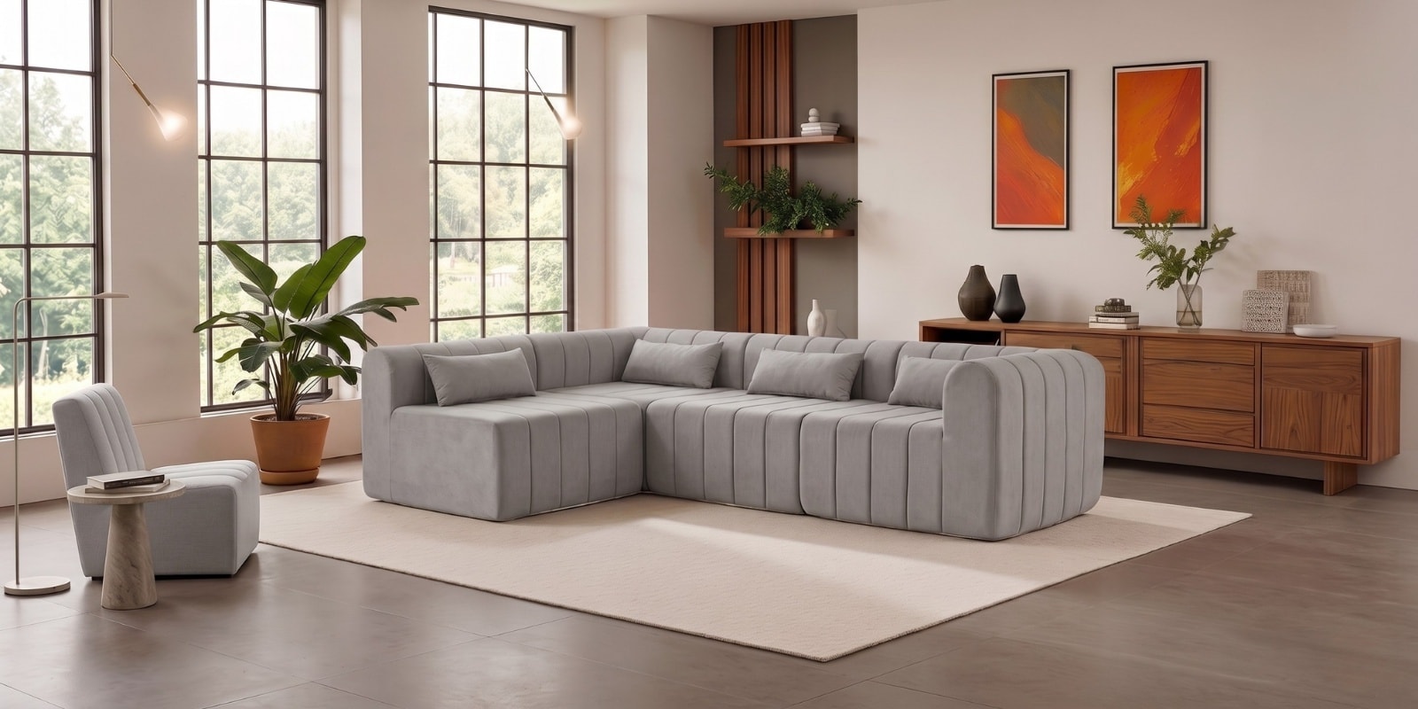 Milan Royale Corner Sectional Sofa In Light Grey Color