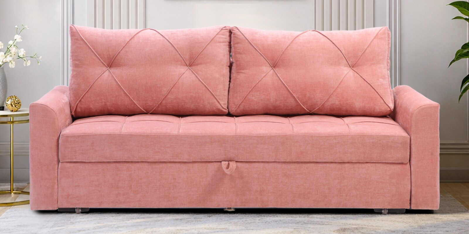 Mira Chenille Fabric Sofa Cum Bed in Dusty Coral Colour With Storage