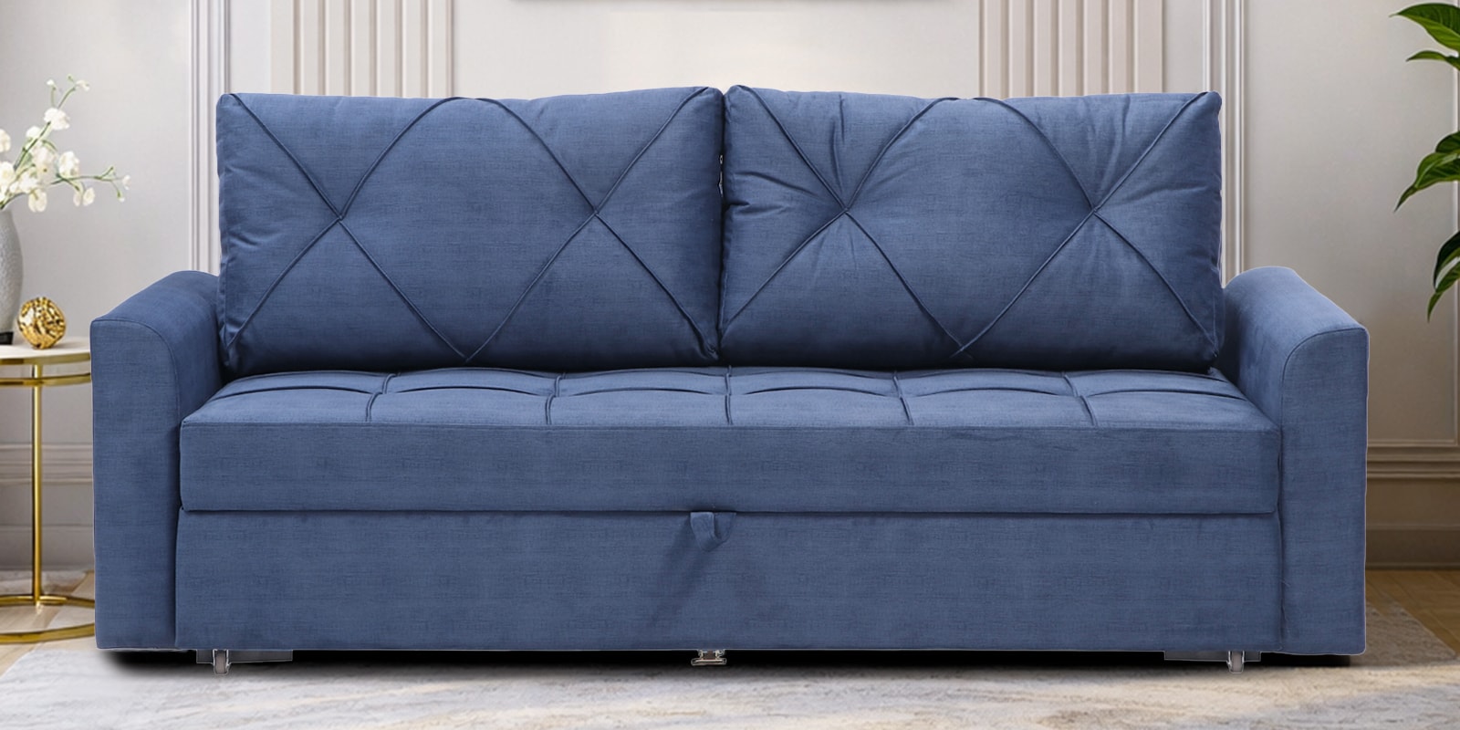 Mira Velvet Fabric Sofa Cum Bed in Midnight Blue Colour With Storage