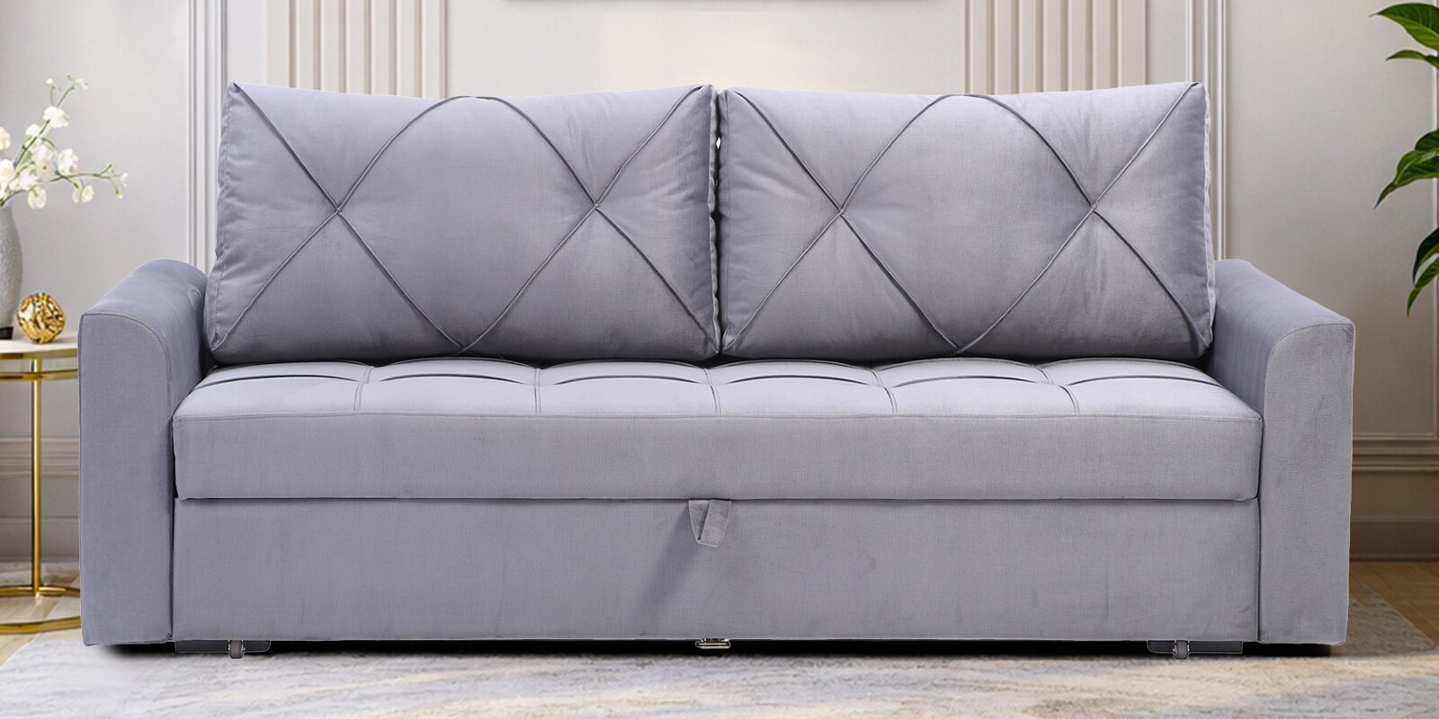 Mira Velvet Fabric Sofa Cum Bed in Stone Grey Colour With Storage