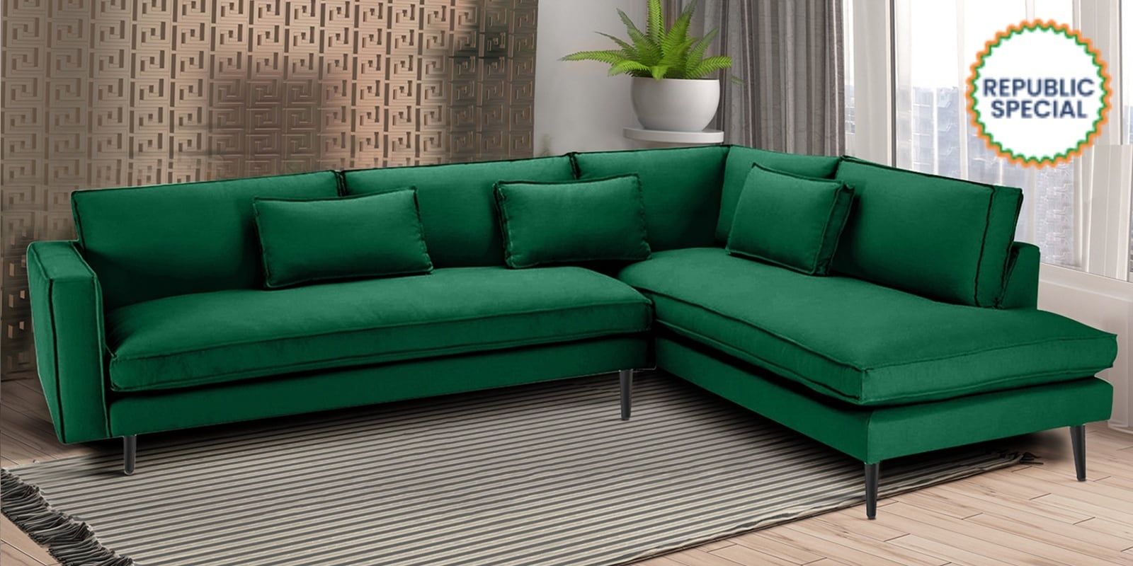 Mireya Fabric LHS Sectional Sofa (3+ Lounger) In Dark Green Colour