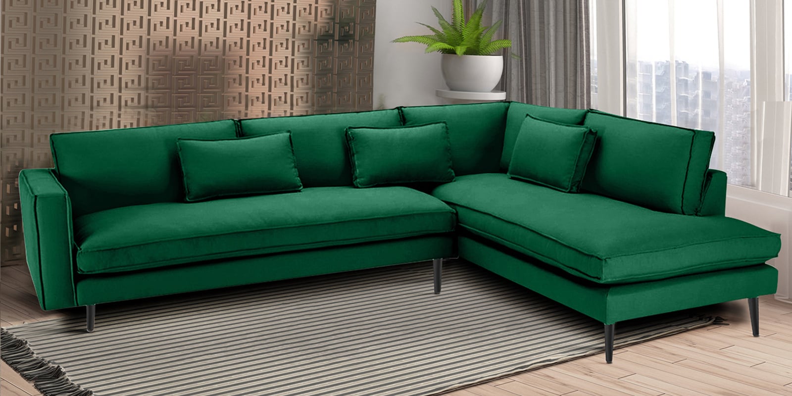 Mireya Fabric LHS Sectional Sofa (3+ Lounger) In Dark Green Colour