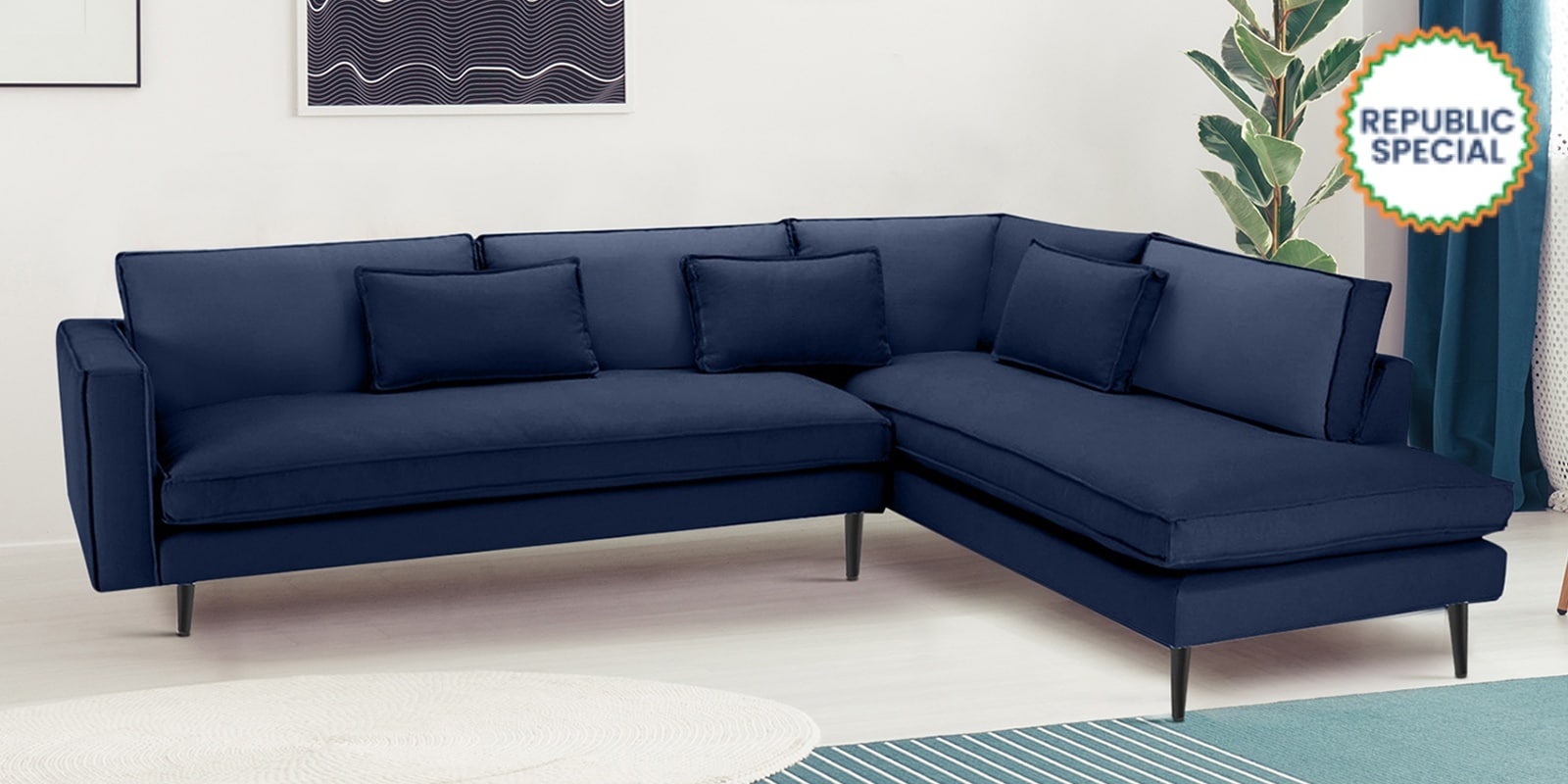 Mireya Fabric LHS Sectional Sofa (3+ Lounger) In Navy Blue Colour