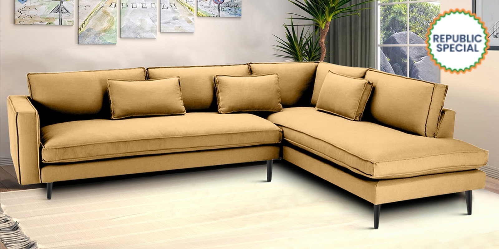 Mireya Fabric LHS Sectional Sofa (3+ Lounger) In Yellow Colour          In Y