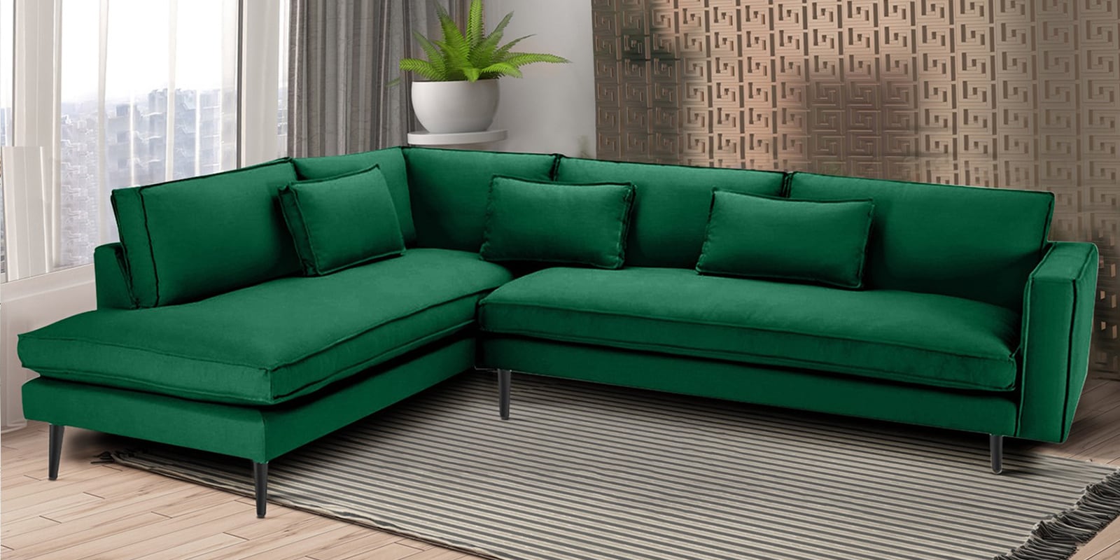 Mireya Fabric RHS Sectional Sofa (3+ Lounger) In Dark Green Colour