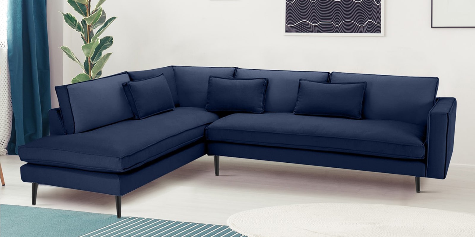 Mireya Fabric RHS Sectional Sofa (3+ Lounger) In Navy Blue Colour