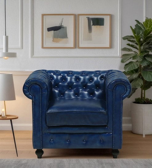 Miceli Leather 1 Seater Sofa In Blue  Finish