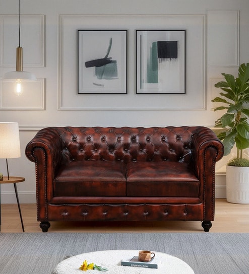 Miceli Leather 2 Seater Sofa In Brown Finish