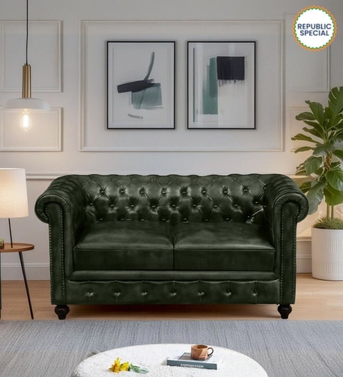 Miceli Leather 2 Seater Sofa In Olive Green Finish