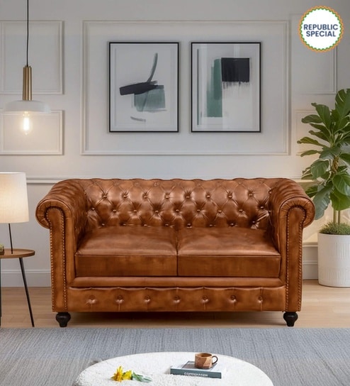 Miceli Leather 2 Seater Sofa In Tan Finish