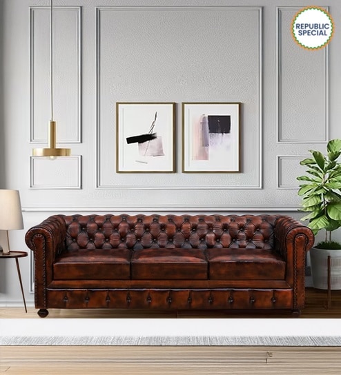 Miceli Leather 3 Seater Sofa In Brown Finish