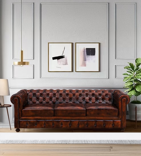 Miceli Leather 3 Seater Sofa In Brown Finish