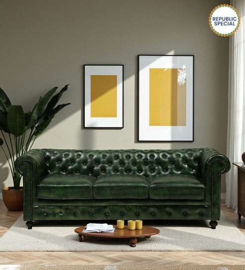 Miceli Leather 3 Seater Sofa In Olive Green Finish