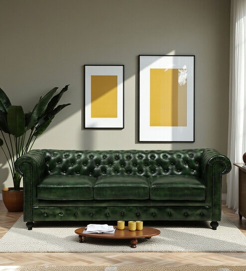 Miceli Leather 3 Seater Sofa In Olive Green Finish