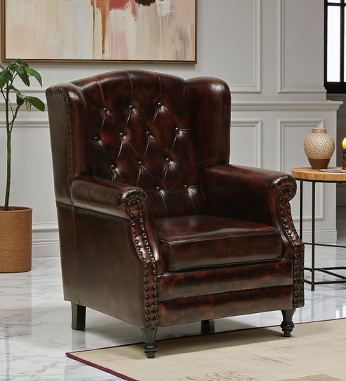 Miceli Leather Wing Chair In Brown Finish