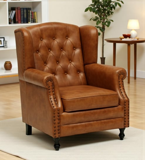 Miceli Leather Wing Chair In Tan Finish