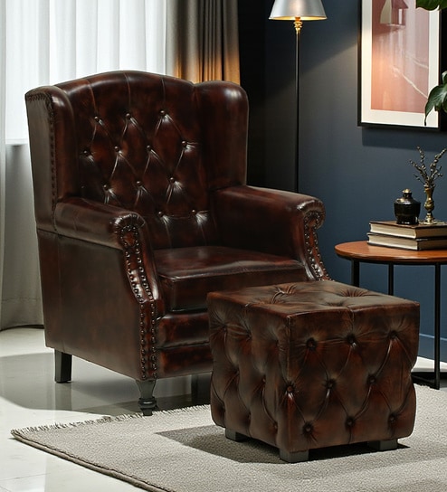 Miceli Leather Wing Chair With Pouffe In Brown Finish