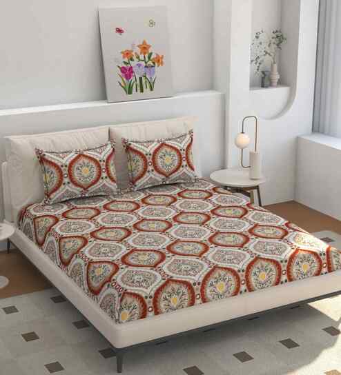Microfiber Damask Fitted Bedsheet with 2 Pillow Covers - Orange, 72x78+10 Inch