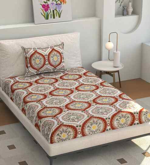 Microfiber Damask Single Bedsheet with 1 Pillow Cover - Orange, 155x228 CM