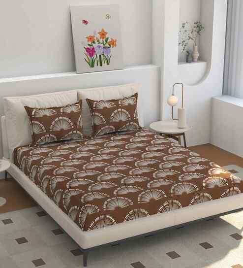 Microfiber Floral Double Bedsheet with 2 Pillow Covers - Brown, 228x245 CM