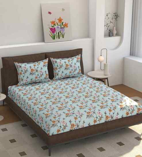 Microfiber Floral Double Bedsheet with 2 Pillow Covers - Sky Blue, 228x245 CM
