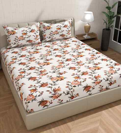 Microfiber Floral Fitted Bedsheet with 2 Pillow Covers -Cream, 72x78+10 Inch