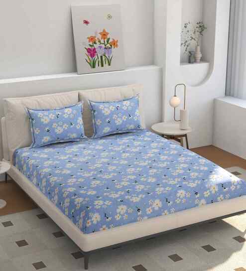 Microfiber Floral King Bedsheet with 2 Pillow Covers - Blue, 228x275 CM