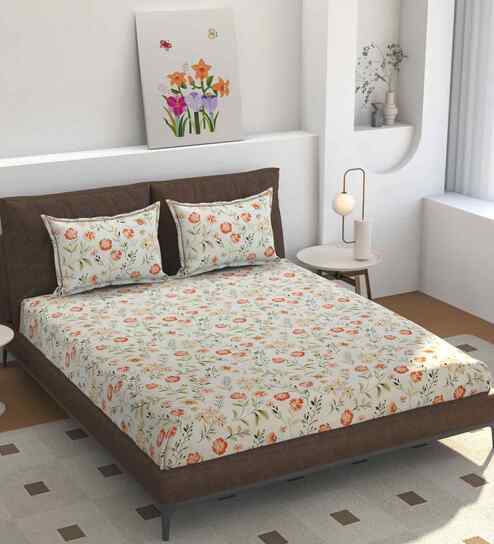 Microfiber Floral King Bedsheet with 2 Pillow Covers - Off White, 228x275 CM