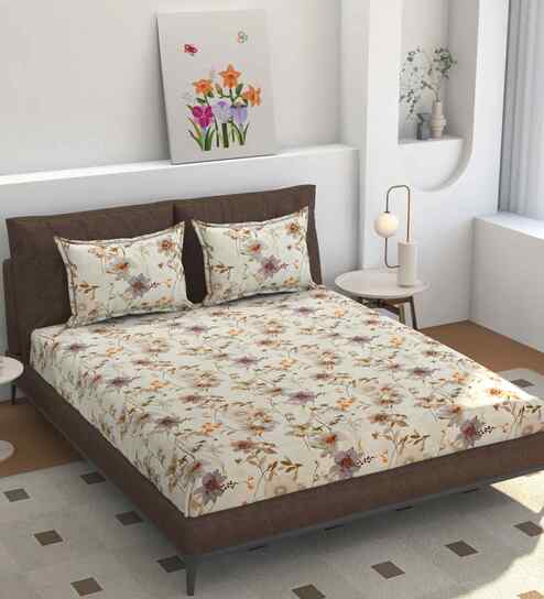 Microfiber Floral King Bedsheet with 2 Pillow Covers - Off White, 228x275 CM