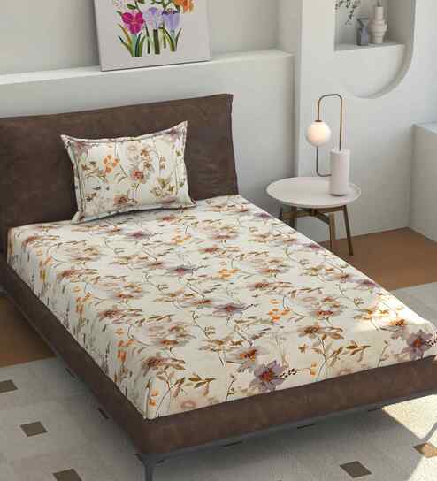 Microfiber Floral Single Bedsheet with 1 Pillow Cover - Off White, 155x228 CM