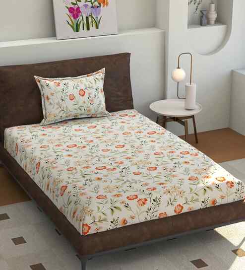 Microfiber Floral Single Bedsheet with 1 Pillow Cover - Off White, 155x228 CM