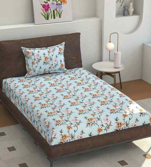 Microfiber Floral Single Bedsheet with 1 Pillow Cover - Sky Blue, 155x228 CM