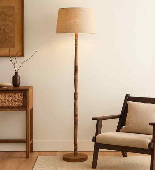 Mid Century Modern Floor Lamp, Hand-turned Wood Jute