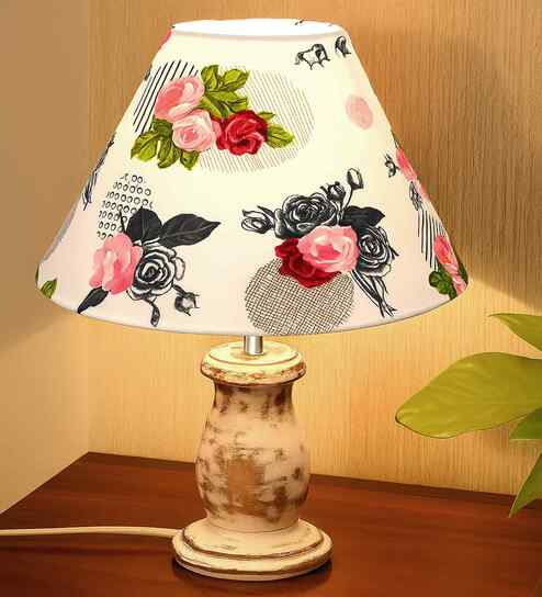 Mid Century Single Table Lamp, Whitewash Finish with Rose Cone Shade