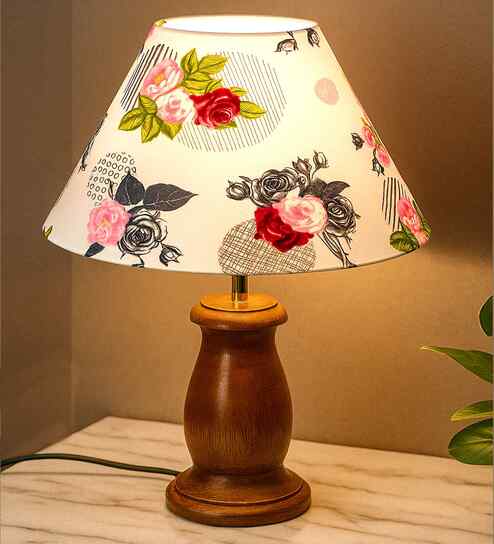 Mid Century Single Table Lamp with Walnut Finish and Rose Cone Shade