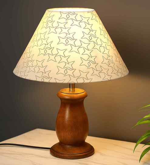 Mid Century Single Table Lamp with Walnut Finish and Star Cone Shade