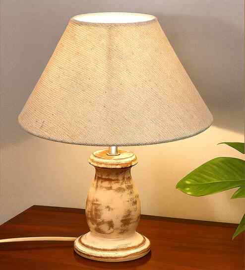 Mid Century Single Table Lamp with Whitewash Finish and Jute Cone Shade