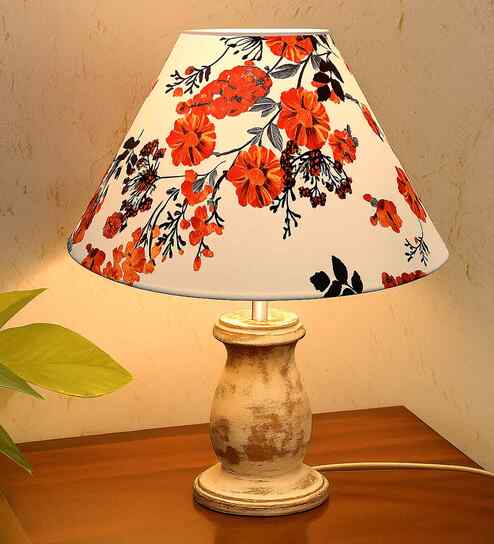 Mid Century Single Table Lamp with Whitewash Finish and Marigold Cone Shade