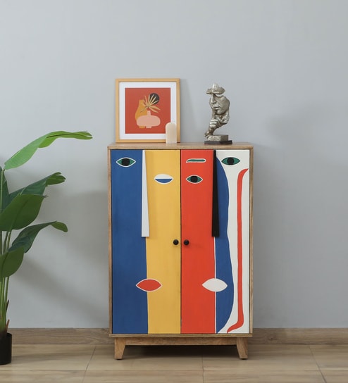 Midas Mango Wood Hand Painted Multicolor 2 Door Cabinet In Natural Finish