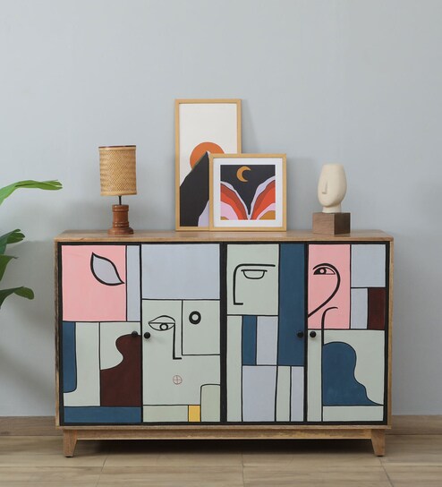 Midas Mango Wood Hand Painted Multicolor 4 Door Sideboard In Natural Finish