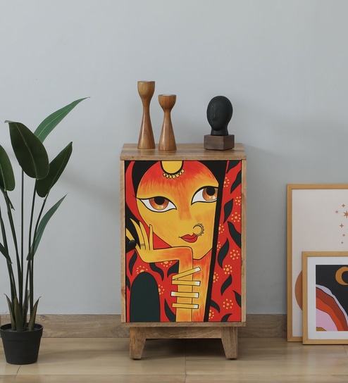 Midas Mango Wood Hand Painted Multicolor One Door Cabinet In Natural Finish