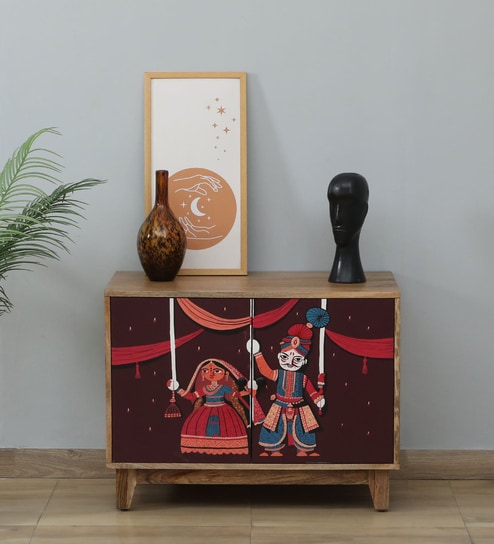 Midas Mango Wood Hand Painted Multicolor Two Door Cabinet in Natural Finish