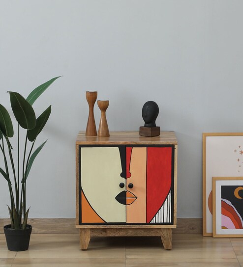 Midas Mango Wood Hand Painted Multicolour 2 Door Small Cabinet In Natural Finish