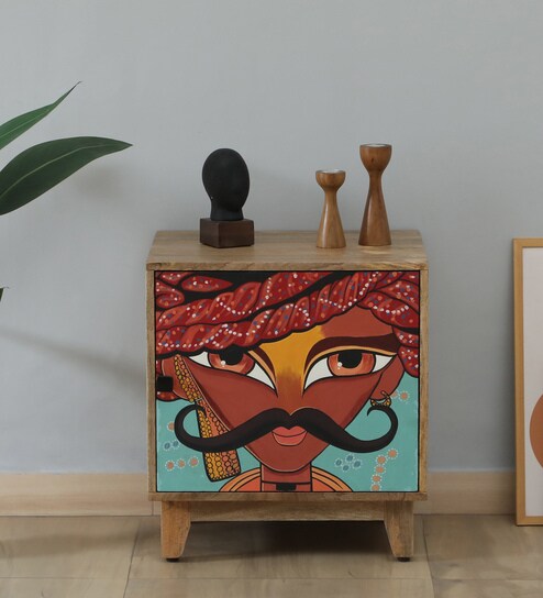 Midas Mango Wood Hand Painted Multicolour One Door Small Cabinet In Natural Finish