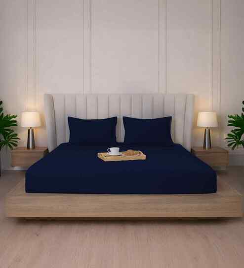 Midnight Navy Stripe 300 TC Pure Cotton King Fitted Bedsheet with 2 Pillow Covers