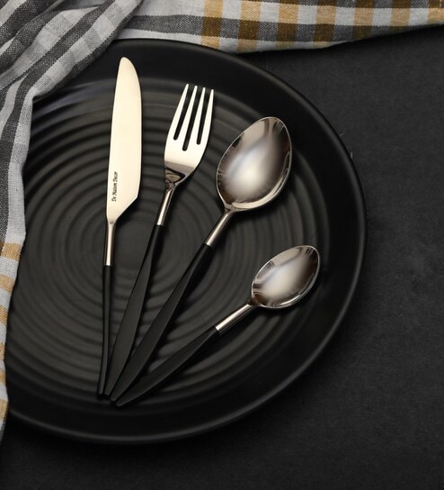 Midnight Opulence Black & Gold  Stainless Steel (Set of 16) Cutlery  Set