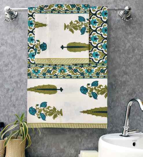 Milky White Madhuban Floral Waffle Cotton 250 GSM Bath & Hand Towel Set