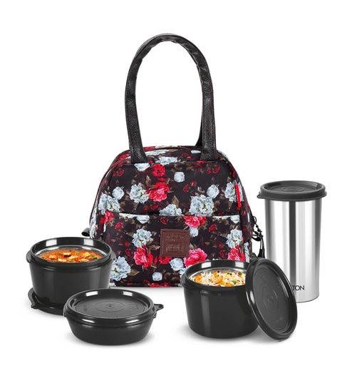 Milton Floret Lunch Box With Insulated Fabric Bag 3 Microwave Safe Stainless Steel Containers (180 Ml 320 Ml 320 Ml) & 415 Ml Tumbler Black