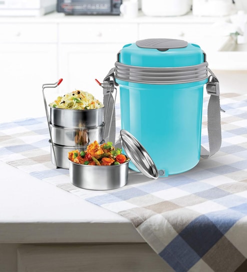 Milton Electron Portable Electric Lunch Box 3 Tier Stainless Steel Containers (400 Ml X 3) Auto Shut-Off Blue